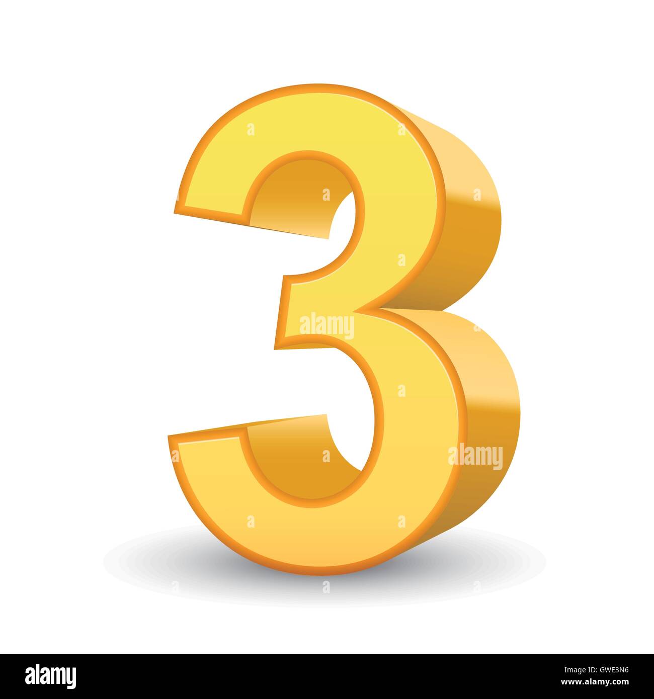 Immagine 3D giallo lucido numero 3 isolati su sfondo bianco Illustrazione Vettoriale
