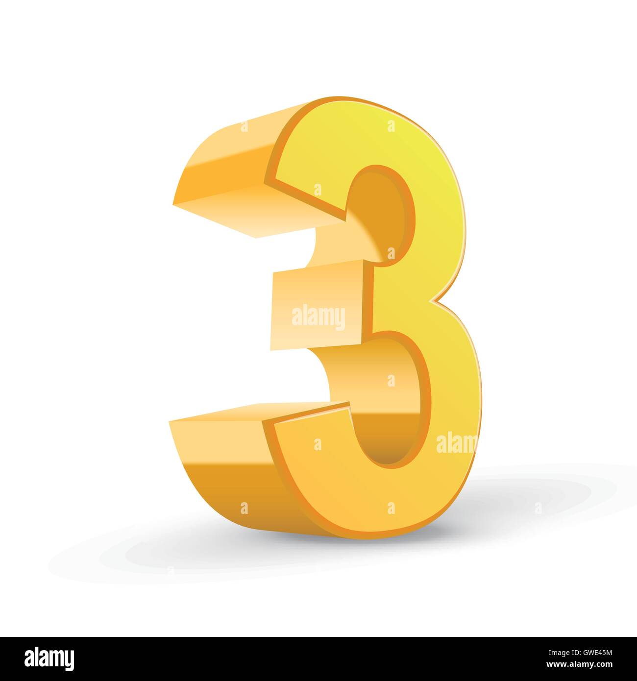 Immagine 3D giallo lucido numero 3 isolati su sfondo bianco Illustrazione Vettoriale