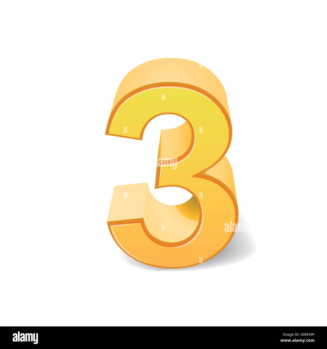 Immagine 3D giallo lucido numero 3 isolati su sfondo bianco Illustrazione Vettoriale