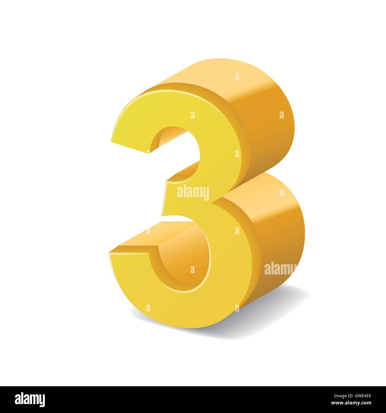 Immagine 3D giallo lucido numero 3 isolati su sfondo bianco Illustrazione Vettoriale