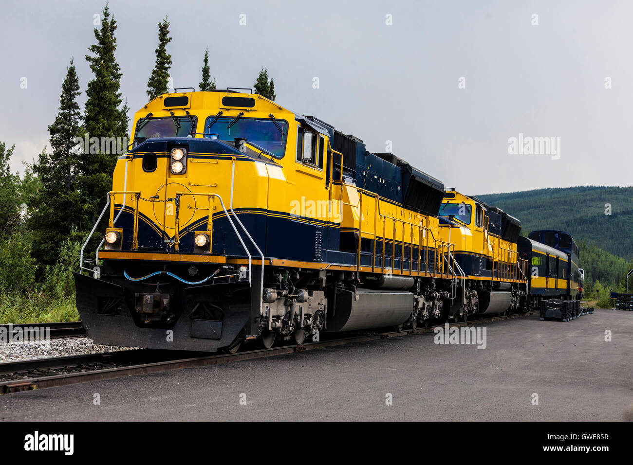 Diesel a doppia testata di locomotori guidare il treno a Denali, Alaska Foto Stock