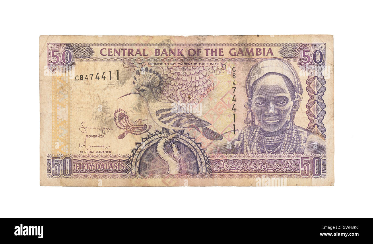 50 Gambiana banca dalasi nota, isolato su bianco Foto Stock
