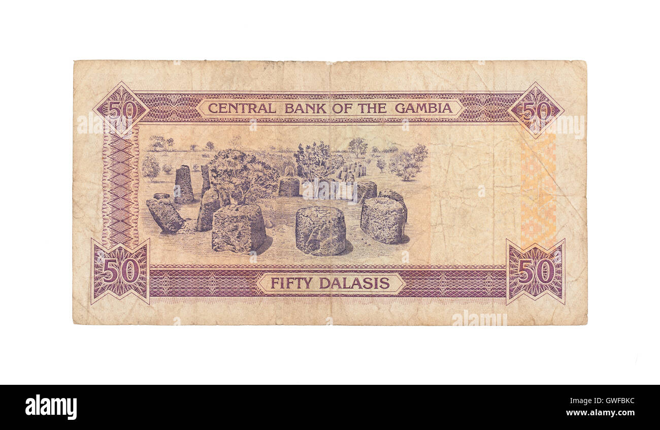 50 Gambiana banca dalasi nota, isolato su bianco Foto Stock