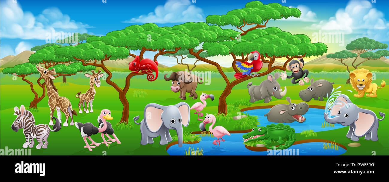 Un cartoon Safari animale paesaggio di scena con un sacco di simpatici animali amichevoli caratteri Foto Stock