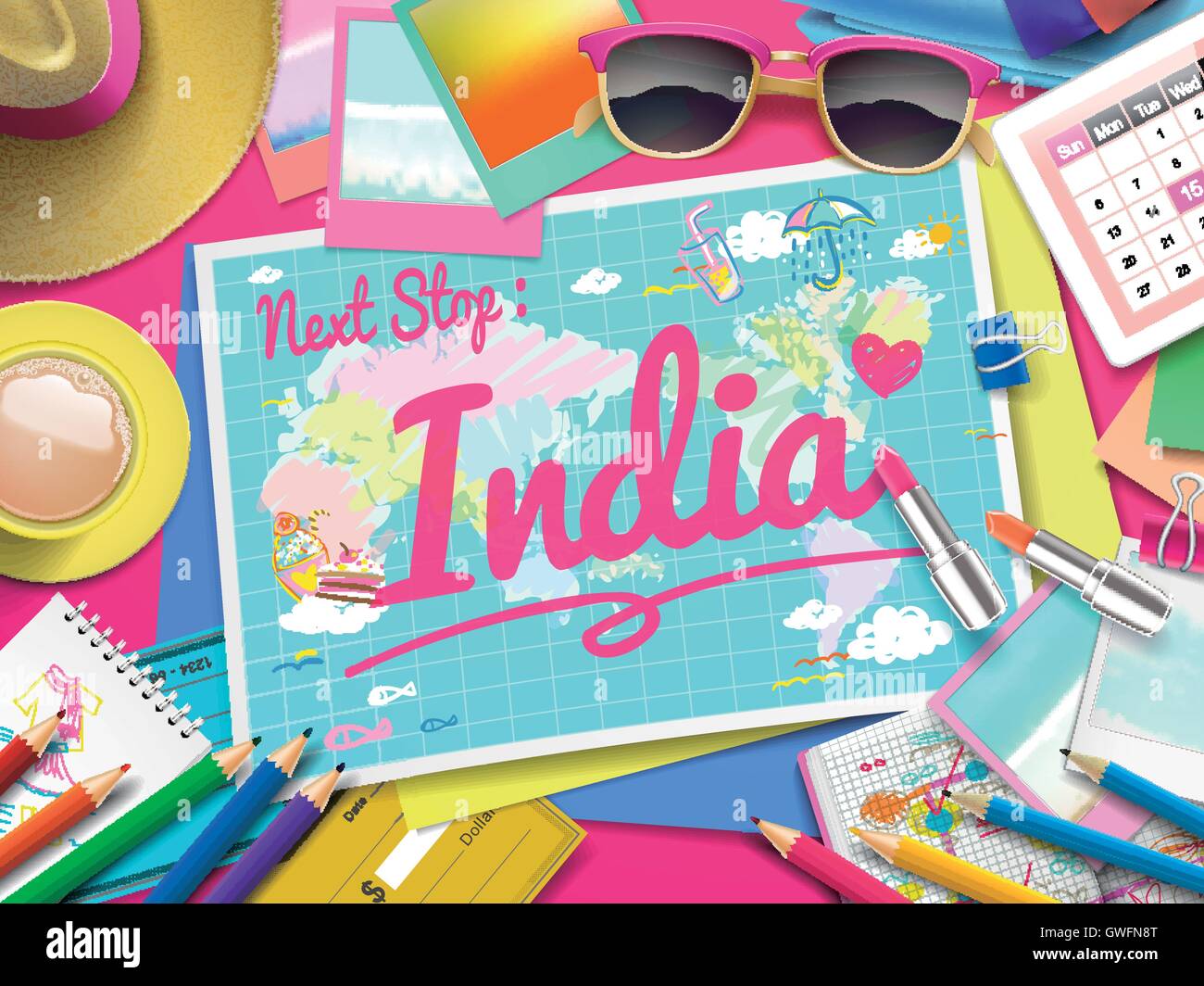 India sulla mappa, vista dall'alto di coloratissimi travel essentials sul tavolo Illustrazione Vettoriale
