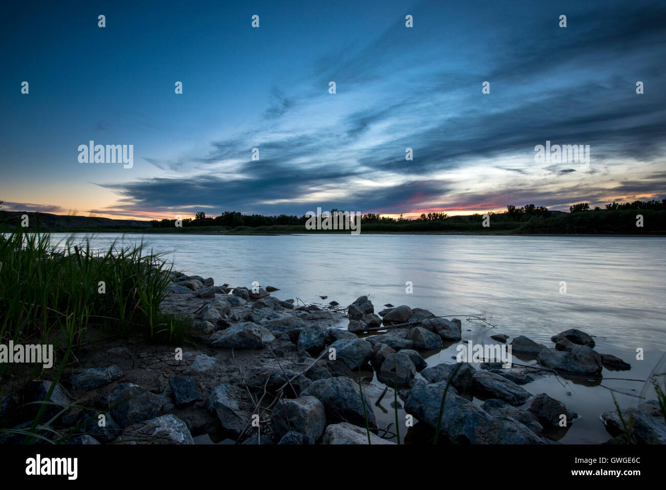 Il tramonto del cervo rosso fiume nel Parco Provinciale dei Dinosauri, Alberta, Canada Foto Stock