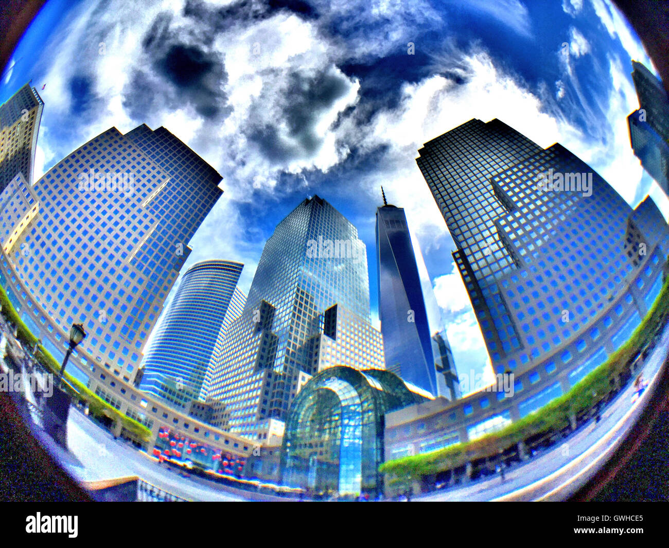 Luogo di Brookfield Winter Garden e il World Trade Center (Vista fisheye), NYC, STATI UNITI D'AMERICA Foto Stock