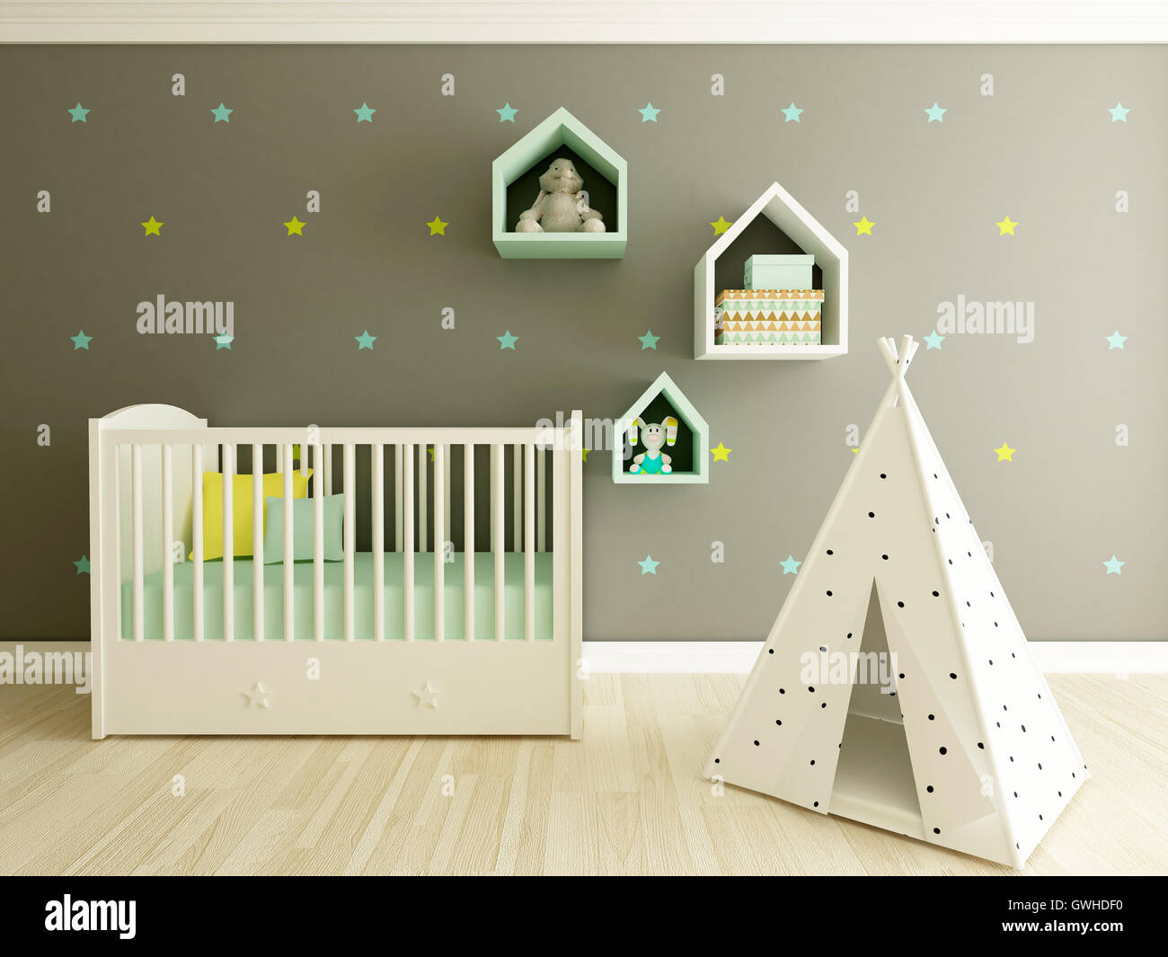 Baby Room interior, ludoteca e nursery con il presepe, 3D Render Foto Stock