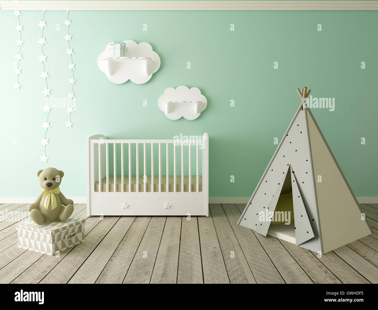 Camera per bambini interno, nursery room, sala giochi, 3D Render Foto Stock