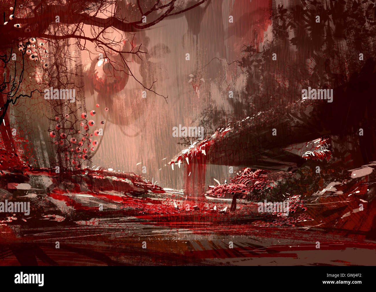 Bloodyland,l'orrore del paesaggio, illustrazione,pittura digitale Foto Stock