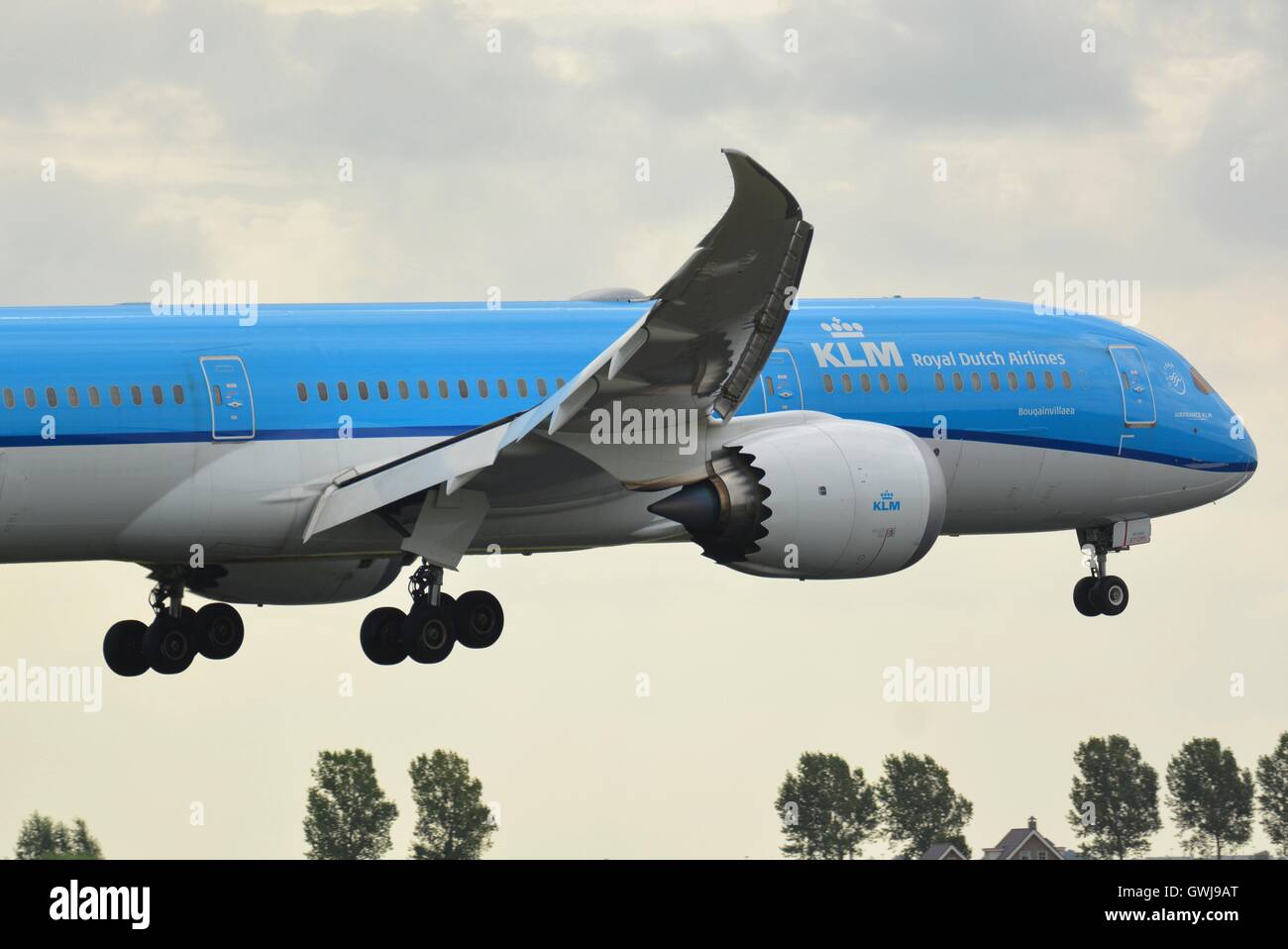 Boeing B787-9 Dreamliner lo sbarco ad Amsterdam in un giorno nuvoloso Foto Stock