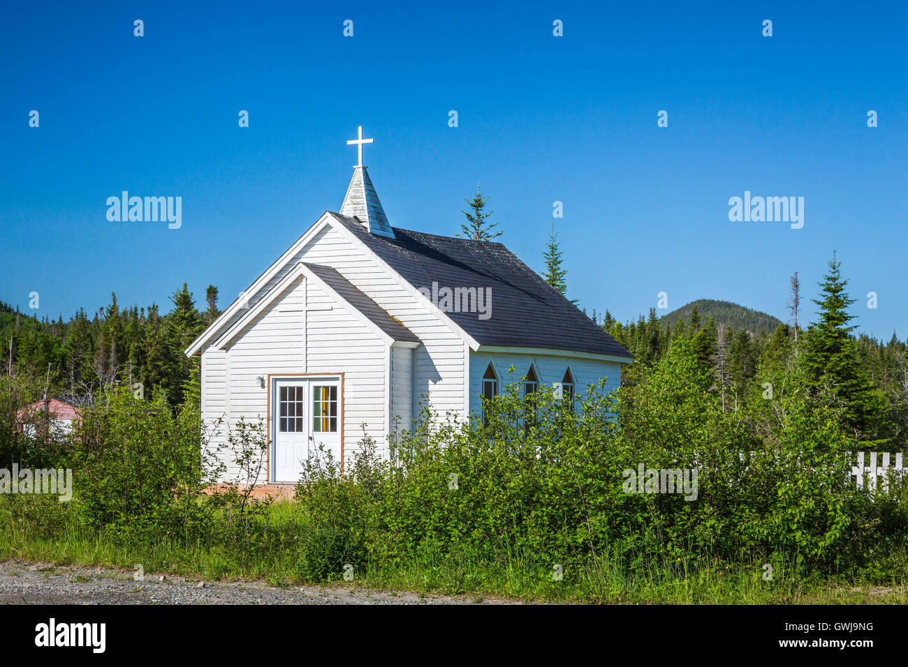 Una piccola chiesa nel Parco Nazionale Gros Morne, Terranova e Labrador, Canada. Foto Stock