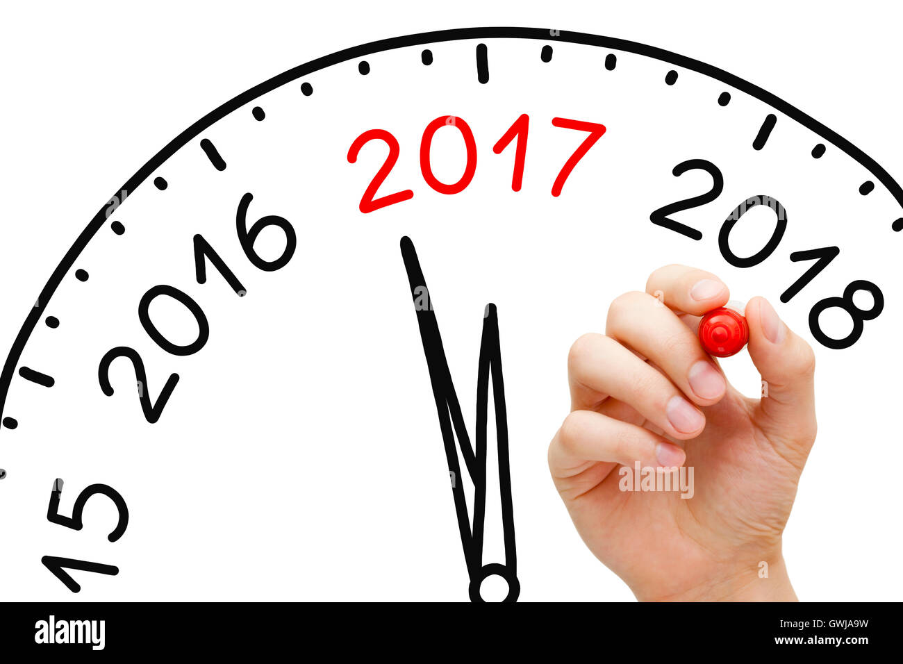 Disegno a mano nuovo anno 2017 il concetto di clock con un pennarello sulla cancellazione trasparente stampato. Foto Stock