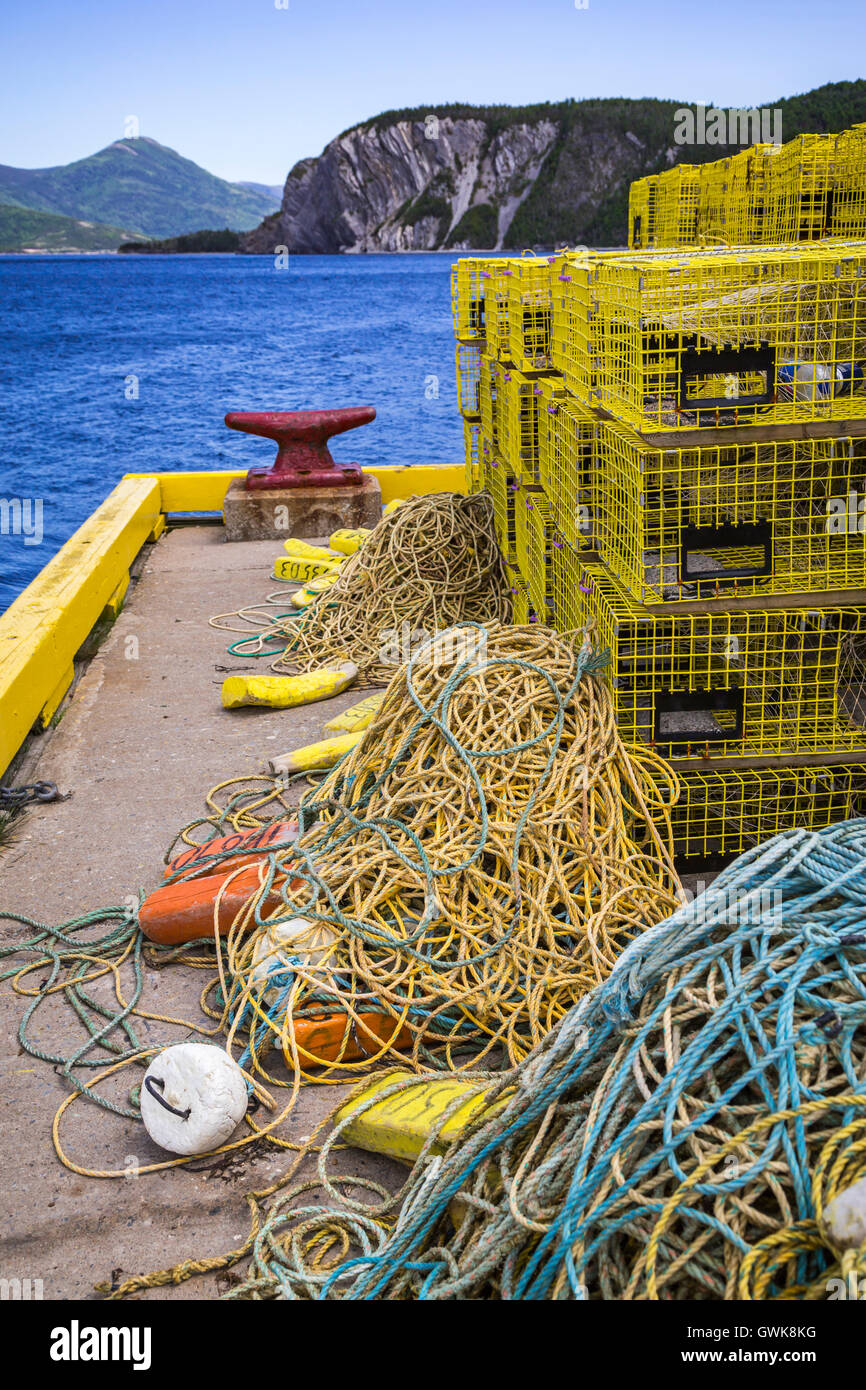 Le trappole a base di aragosta e pesca sul dock a Norris punto, Terranova e Labrador, Canada. Foto Stock