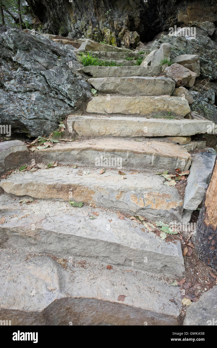 Pietra / rock scalinata passi. Queste scale di roccia sono in basso a Cascades cade in Hanging Rock State Park, NC Foto Stock