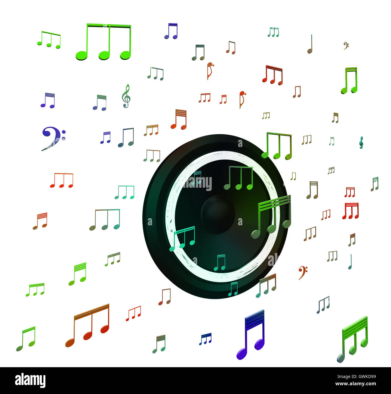 Altoparlante e note musicali mostra musica acustica o sistema audio Foto Stock