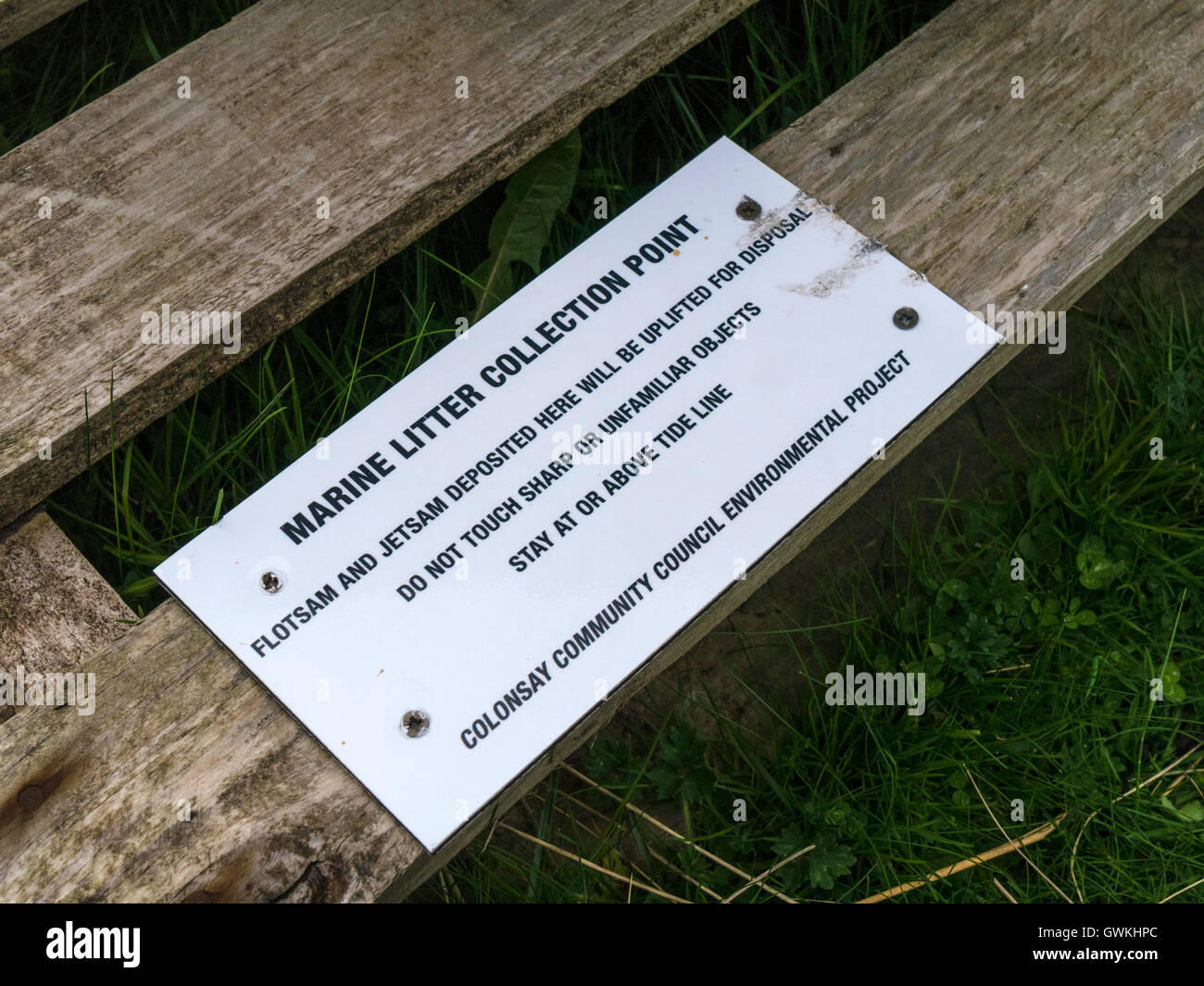 Cucciolata marini punto di raccolta segno, Plaide Mhor, Ardskenish, Isola di Colonsay, Scotland, Regno Unito. Foto Stock