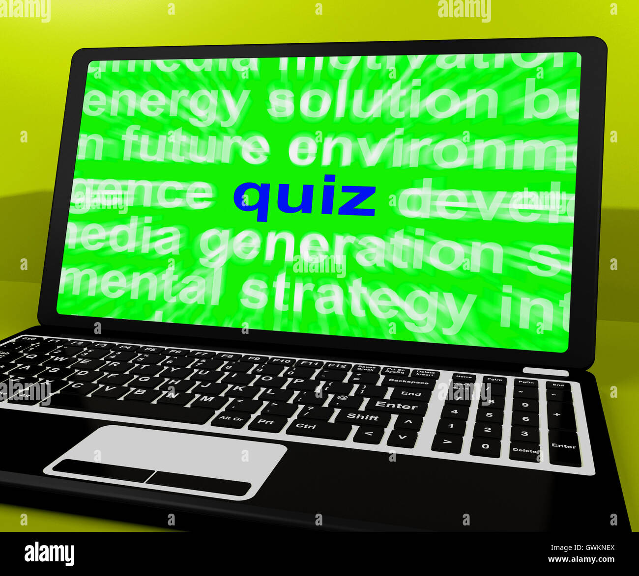 Laptop Quiz significa prove Quizzing o le risposte Online Foto Stock
