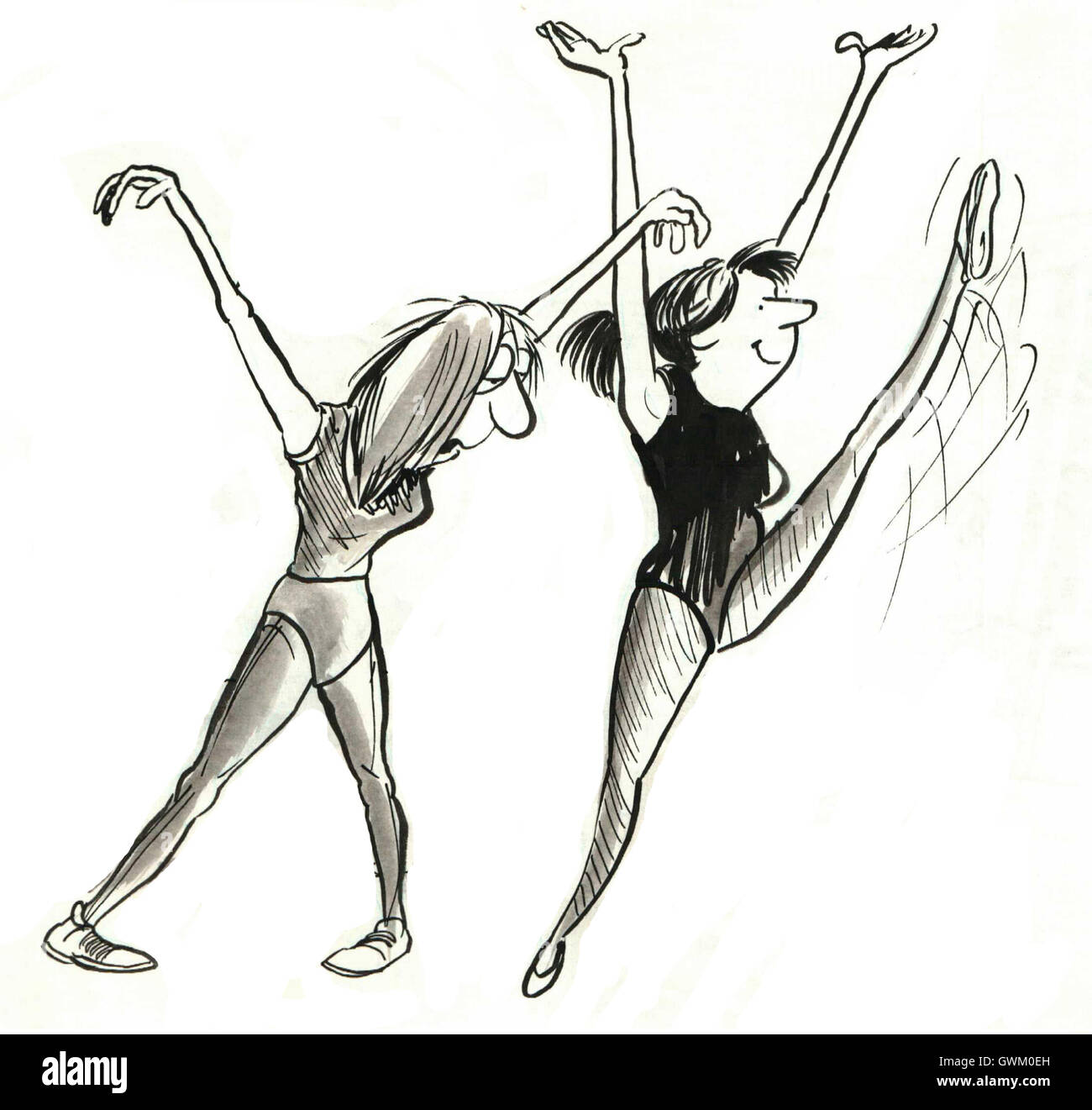 B&W illustrazione di due donne che esercitano, uno è energico e felici gli altri è sonnolenta e stanco. Foto Stock