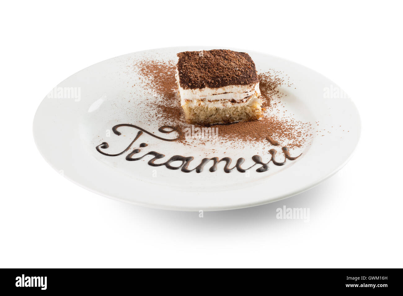 Il tiramisù su piastra bianca isolata su uno sfondo bianco. Foto Stock