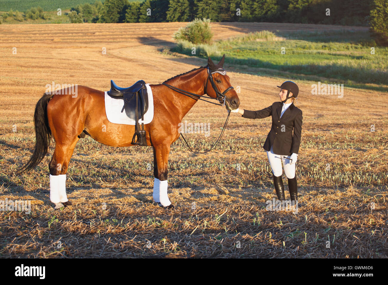 Donna felice con Cavallo - giovane e bella cavallerizza accanto al suo animale Foto Stock