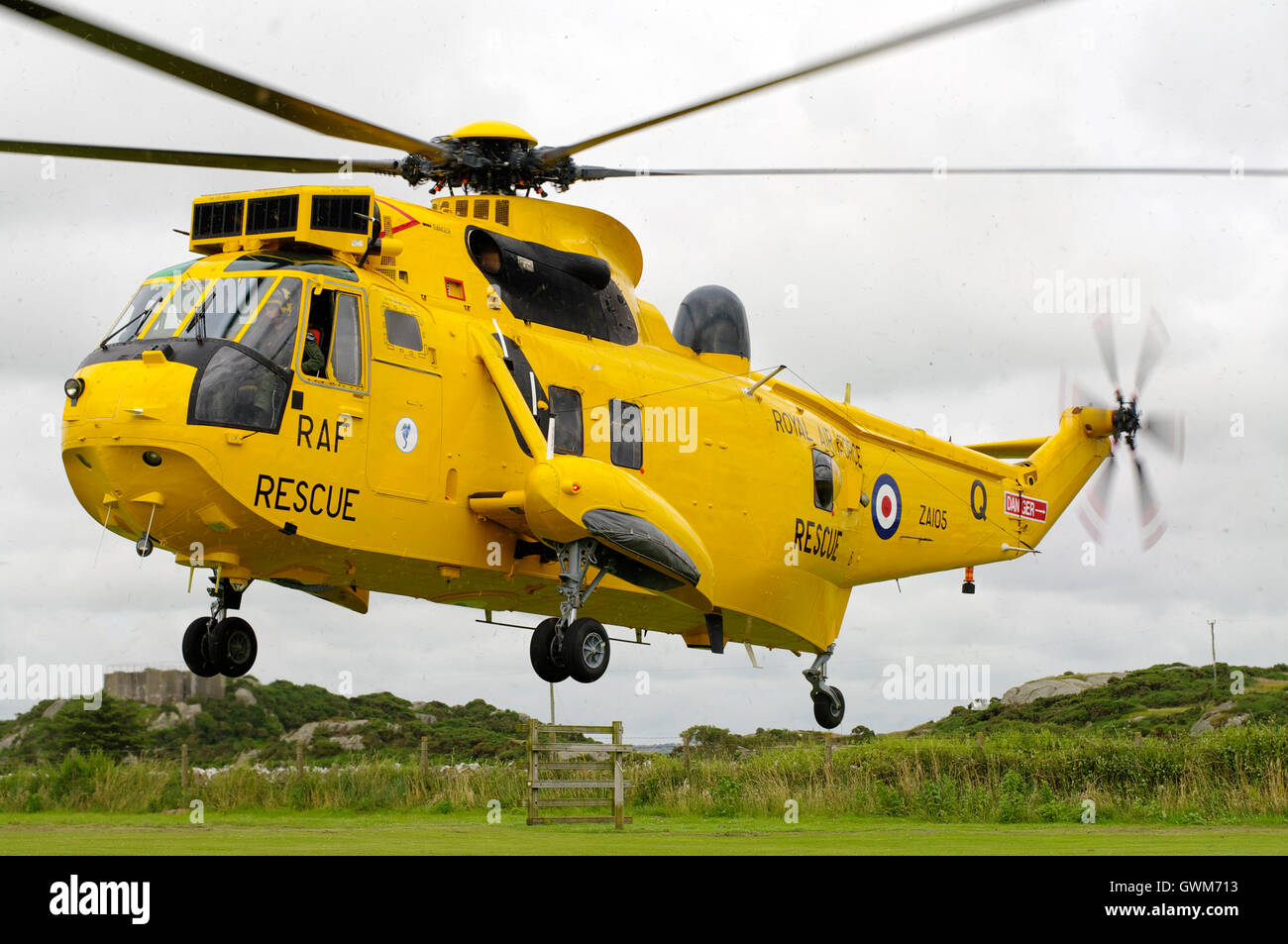 RAF Seaking elicottero decolla da appena falciata campo sportivo Foto Stock