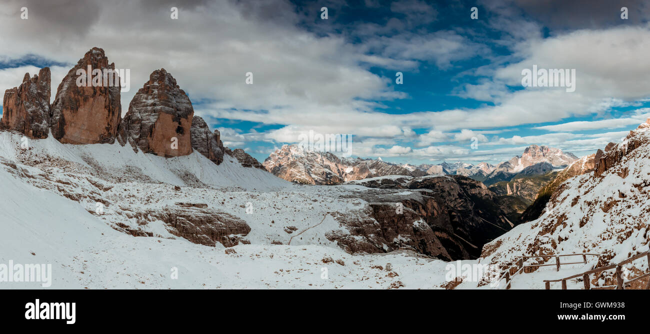 Drei Zinnen Lavaredo, Dolomiti Alpi, Italia Foto Stock