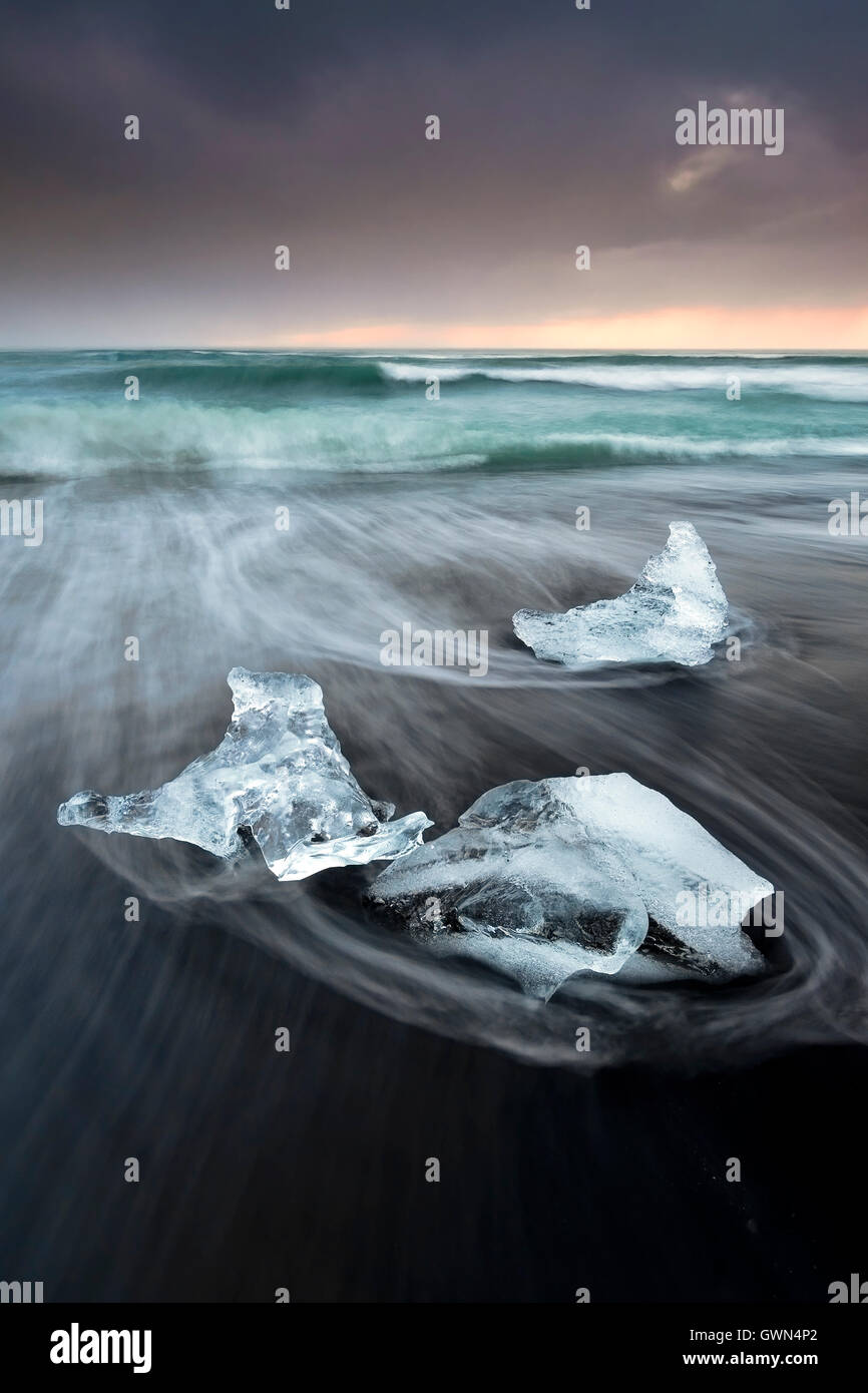 Icebergs sulla spiaggia vulcanica di Fellsfjara all'alba, vicino Jokulsarlon, Islanda meridionale Foto Stock
