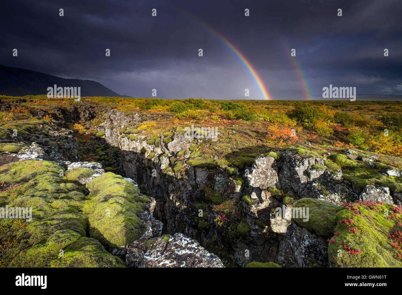 Rainbow e temporale oltre il paesaggio vulcanico & targa tettonica fessura, Thingvellir National Park, Sud Western Islanda Foto Stock