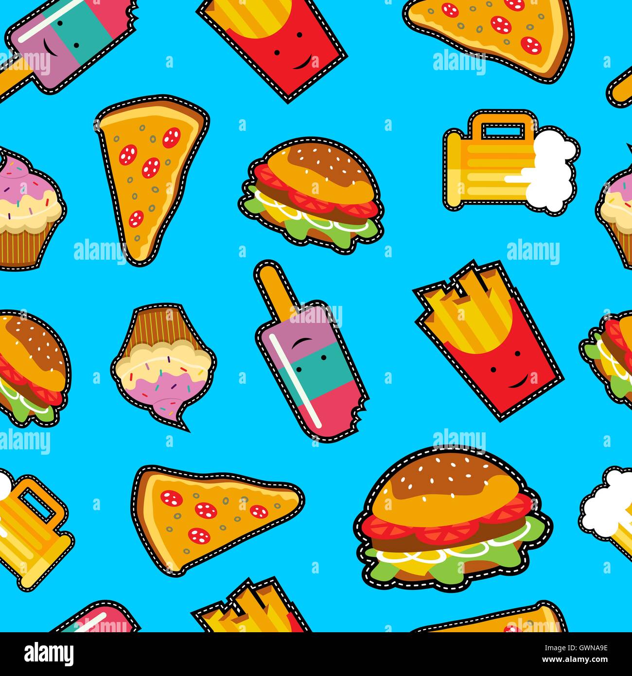 Modello senza cuciture con colori brillanti cartoon fast food patch. Comprende pizza, birra, burger e più. EPS10 vettore. Illustrazione Vettoriale