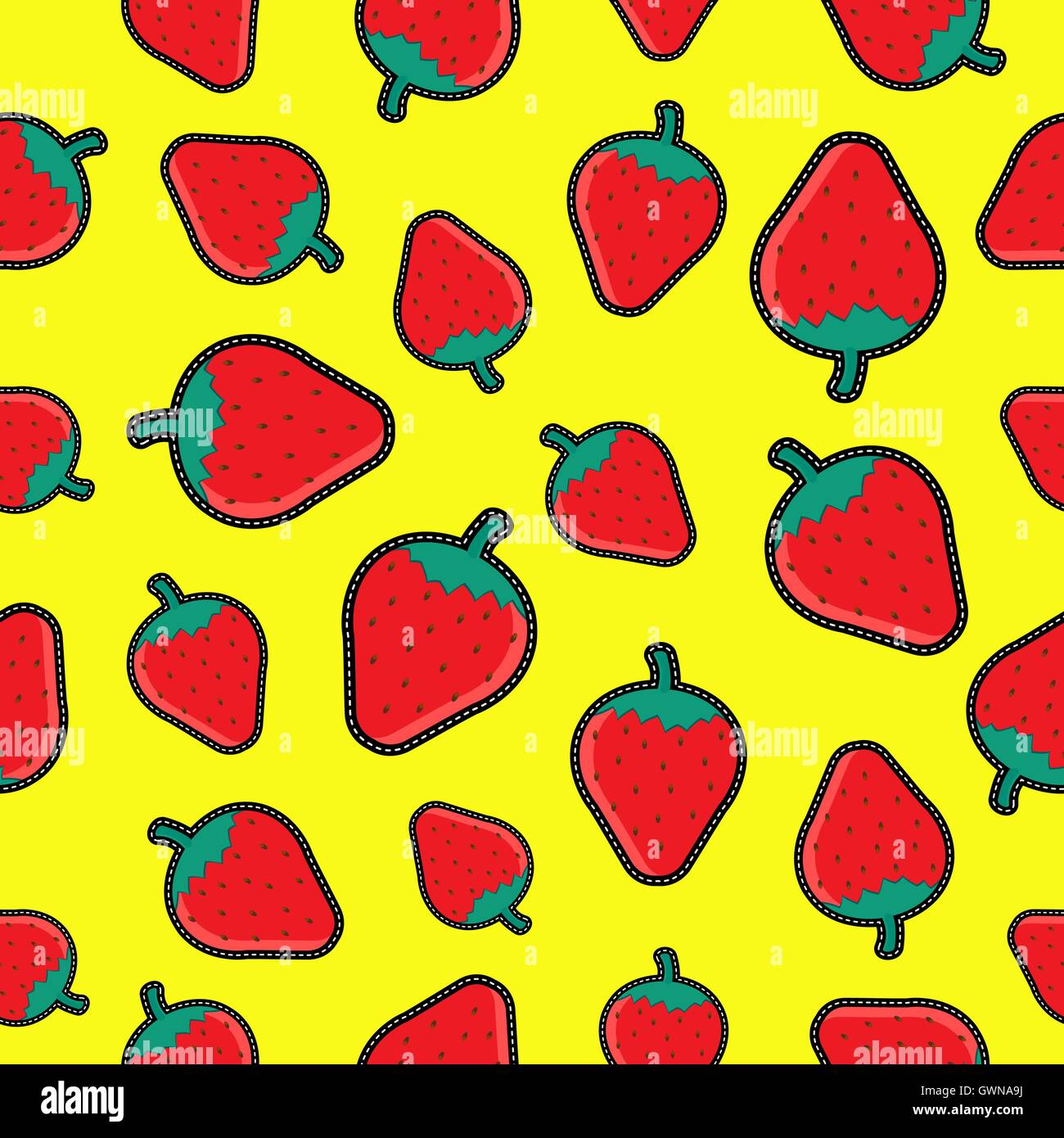 Modello senza cuciture con red cartoon fragola progettazioni di patch. Lo stile di estate lo sfondo dell'illustrazione. EPS10 vettore. Illustrazione Vettoriale