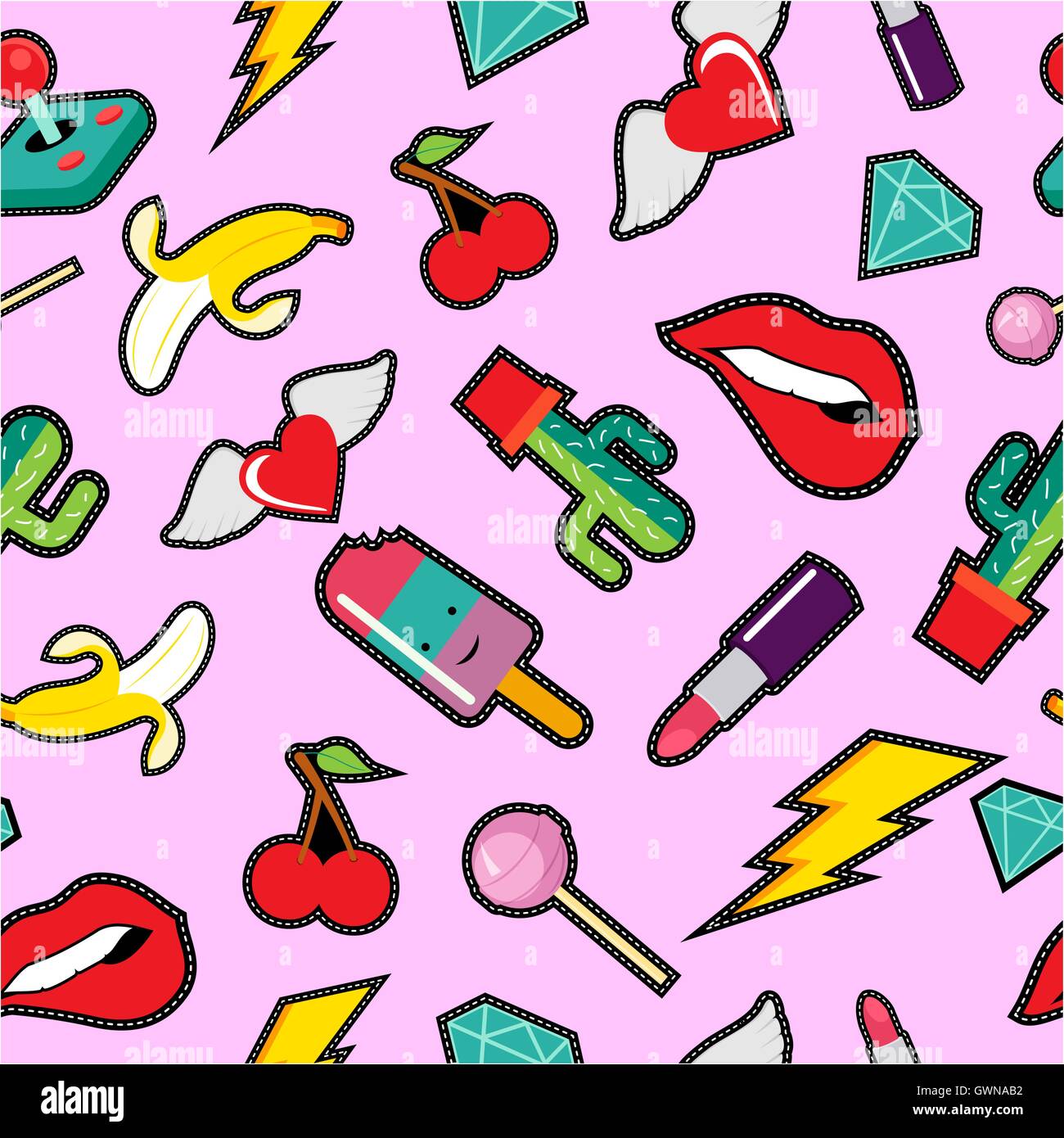 Carino seamless pattern con ricami Retrò design patch in un colorato pop art style. EPS10 vettore. Illustrazione Vettoriale Carino seamless pattern con ricami Retrò design patch in un colorato pop art style. EPS10 vettore. Illustrazione Vettoriale