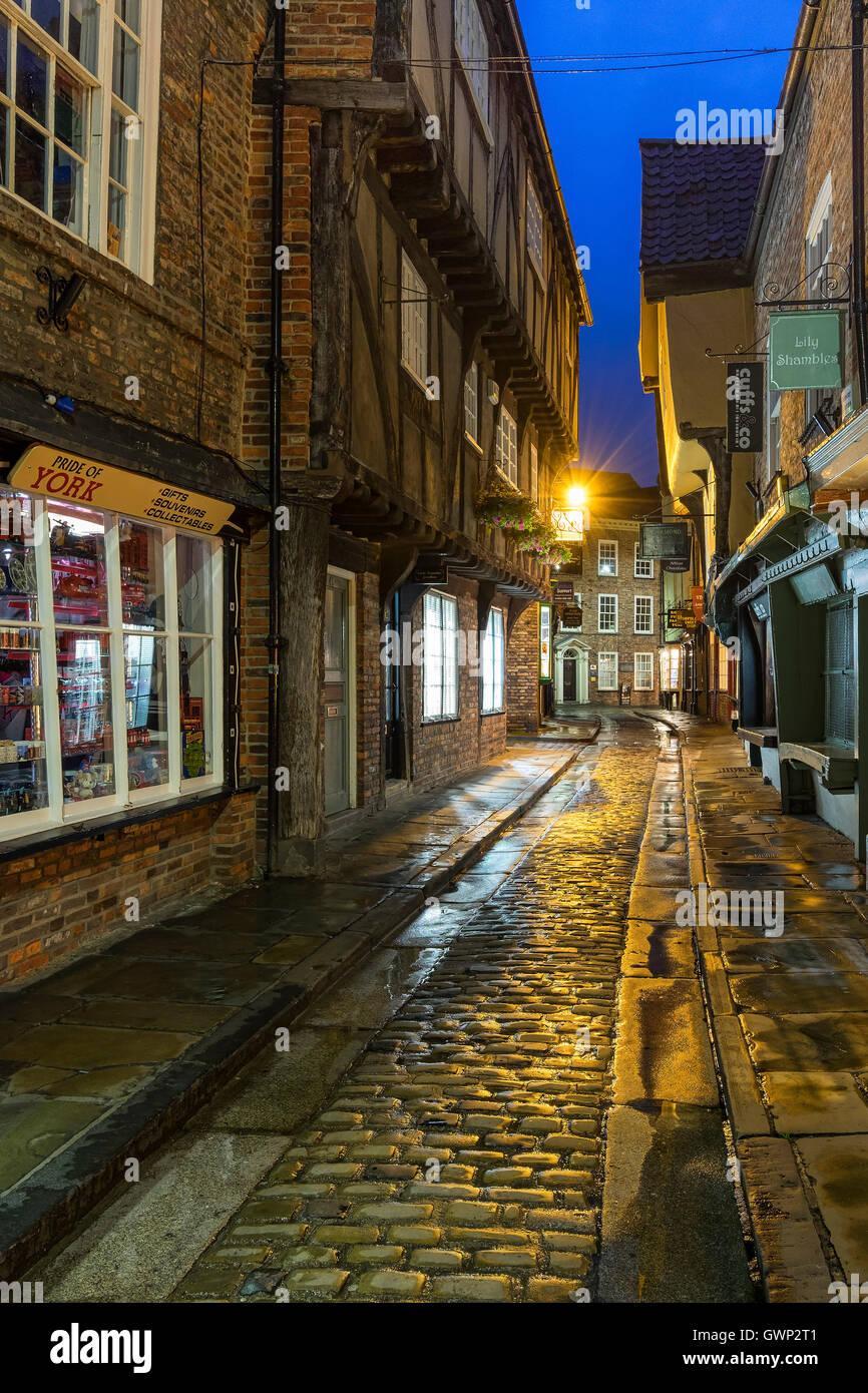 Lo storico del XIV secolo Shambles durante la notte, la città di York, North Yorkshire, Inghilterra, Regno Unito Foto Stock