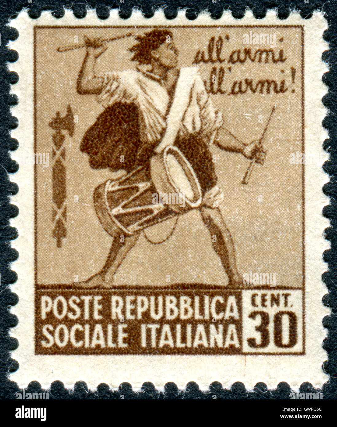 Italia - circa 1944: francobollo stampato in Italia (Repubblica Sociale Italiana), mostrato Drummer Boy, circa 1944 Foto Stock