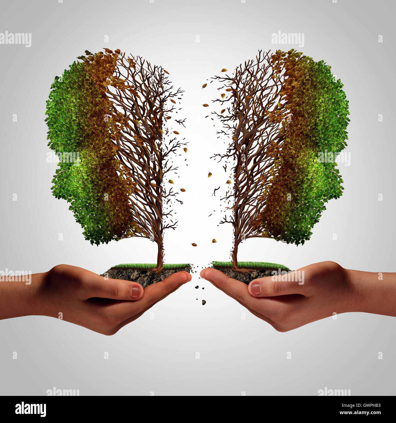 Rapporto errore come un concetto di disgregazione e di danneggiare la separazione e il divorzio doloroso psicologia idea come una divisa malati a forma di albero come due fare del male alle persone detenute da mani umane come una metafora per la separazione con 3D'illustrazione degli elementi. Foto Stock