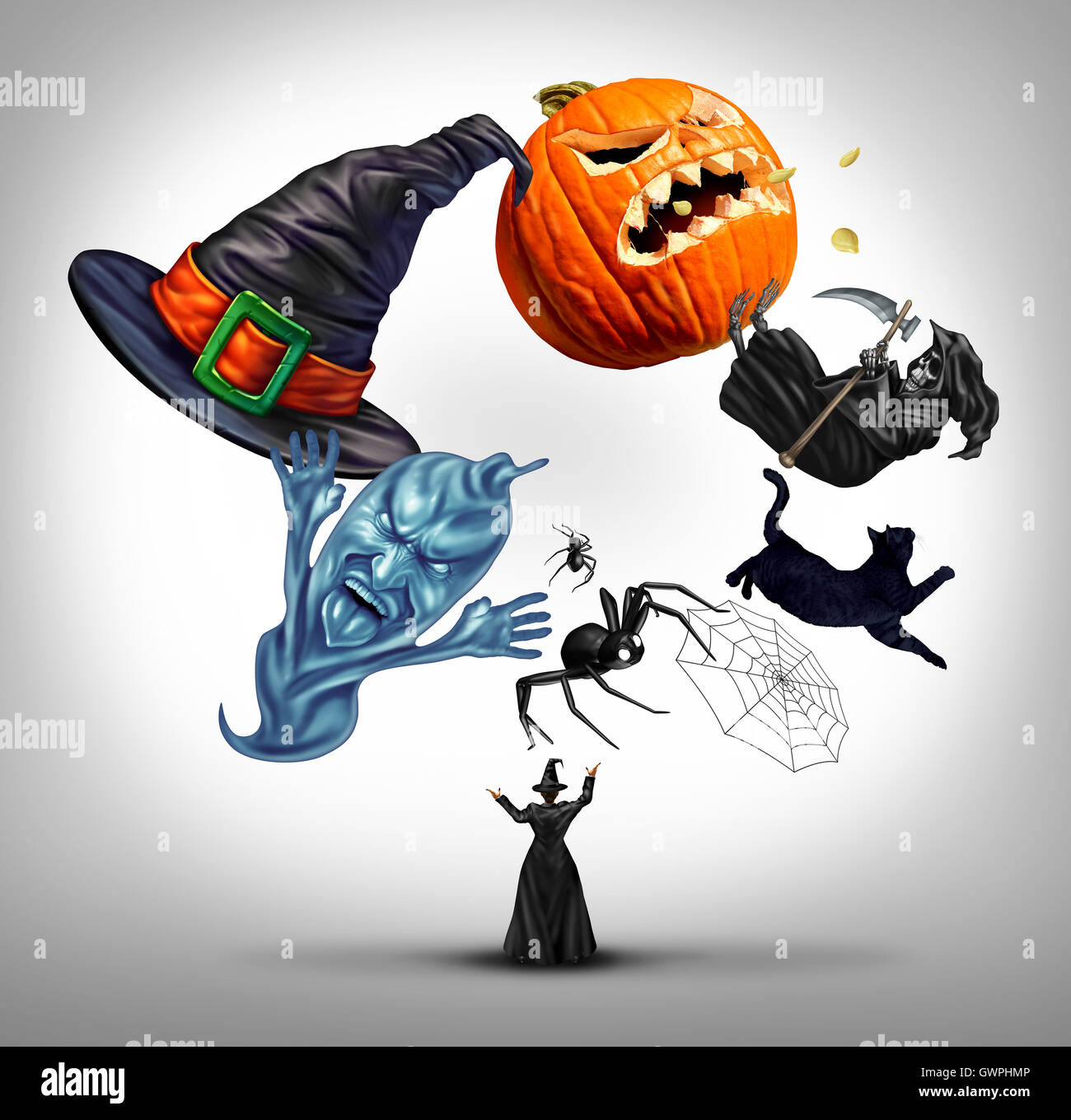 Halloween strega giocoleria come stregone utilizzando i simboli di una caduta celebrazione come un cappello ragni spiderweb e gatto nero anche una zucca jack o lanterna con 3D'illustrazione degli elementi. Foto Stock
