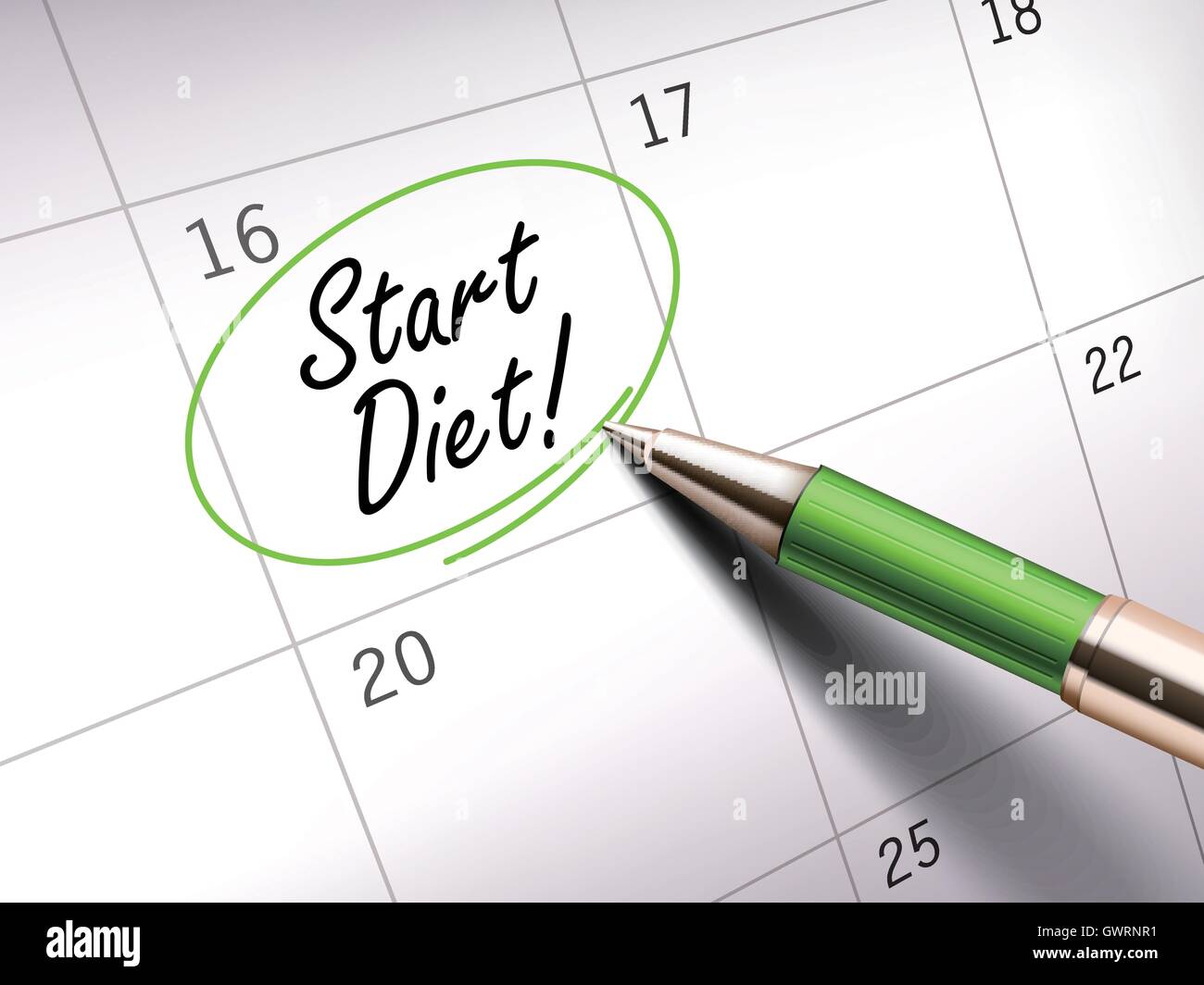 Avviare la dieta parole cerchio contrassegnato su un calendario da un verde penna a sfera. 3D illustrazione Illustrazione Vettoriale