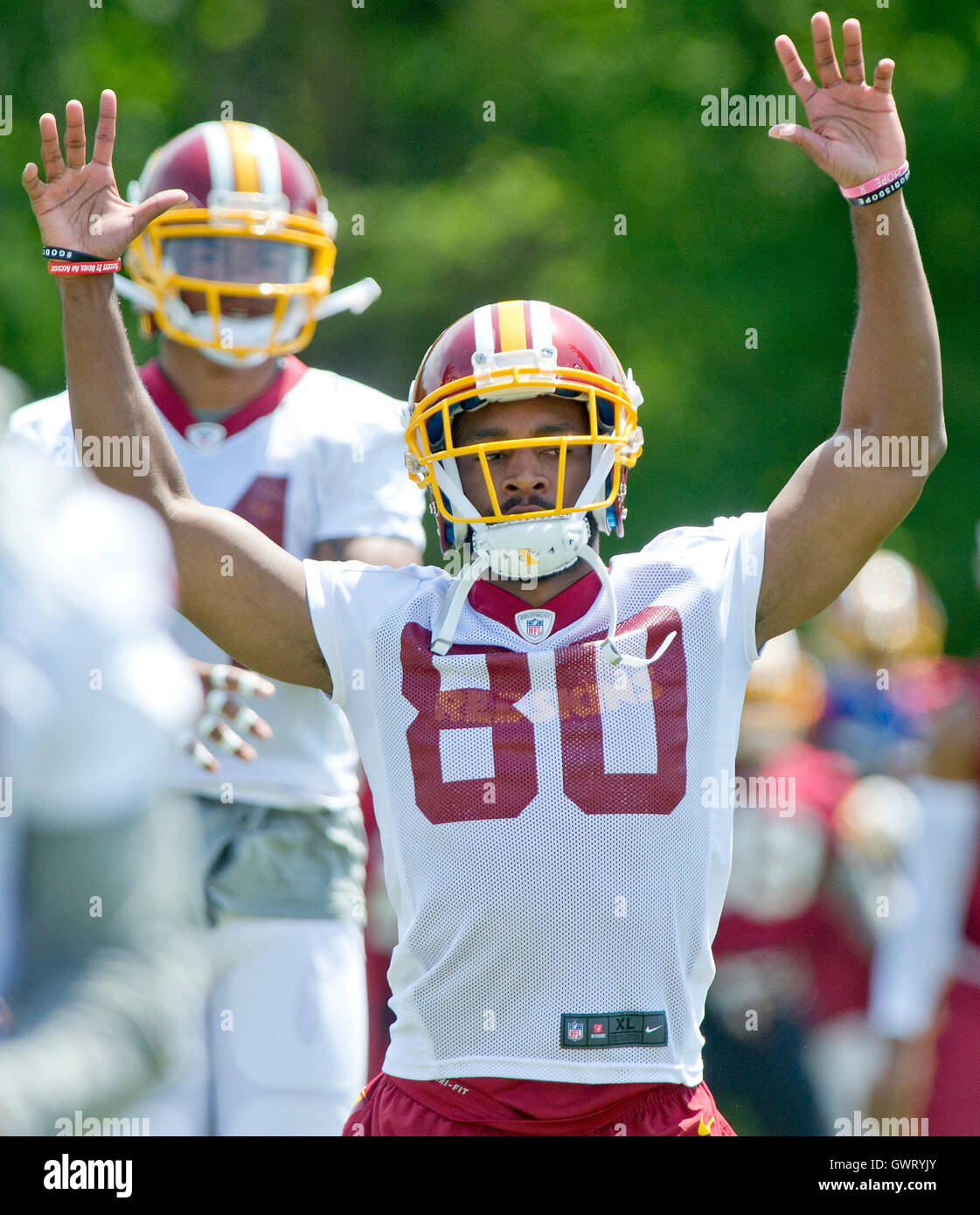 Washington Redskins wide receiver Jamison Crowder (80) partecipa a un team organizzato attività (OTA) a Redskins Park in ASHBURN, Virginia Mercoledì, 25 maggio 2015. Credito: Ron Sachs / CNP/MediaPunch ***per solo uso editoriale*** Foto Stock