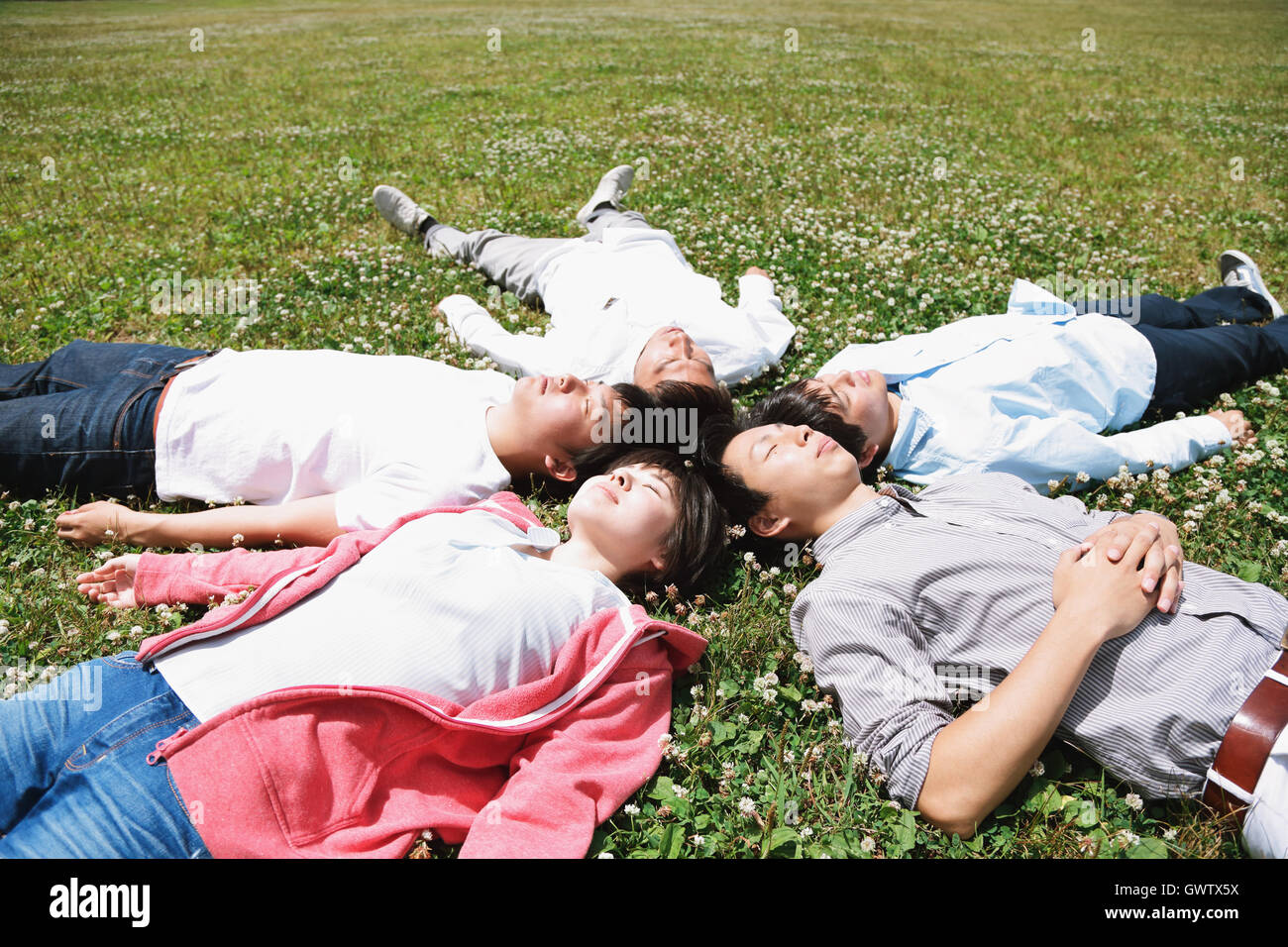 Un gruppo di giovani amici giapponesi che posa in erba Foto Stock