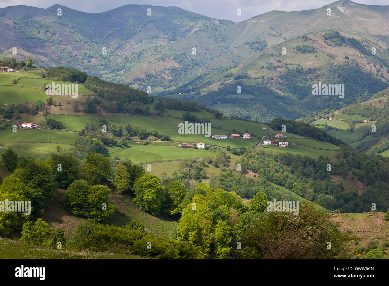 Visualizza case coloniche Pirenei occidentali, Camino de Santiago, route Francesca Foto Stock