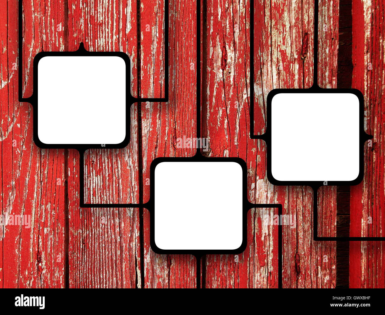 Close-up di tre quadrato nero fustellato cornici collegate insieme sul vecchio rosso alterate di tavole di legno sfondo Foto Stock