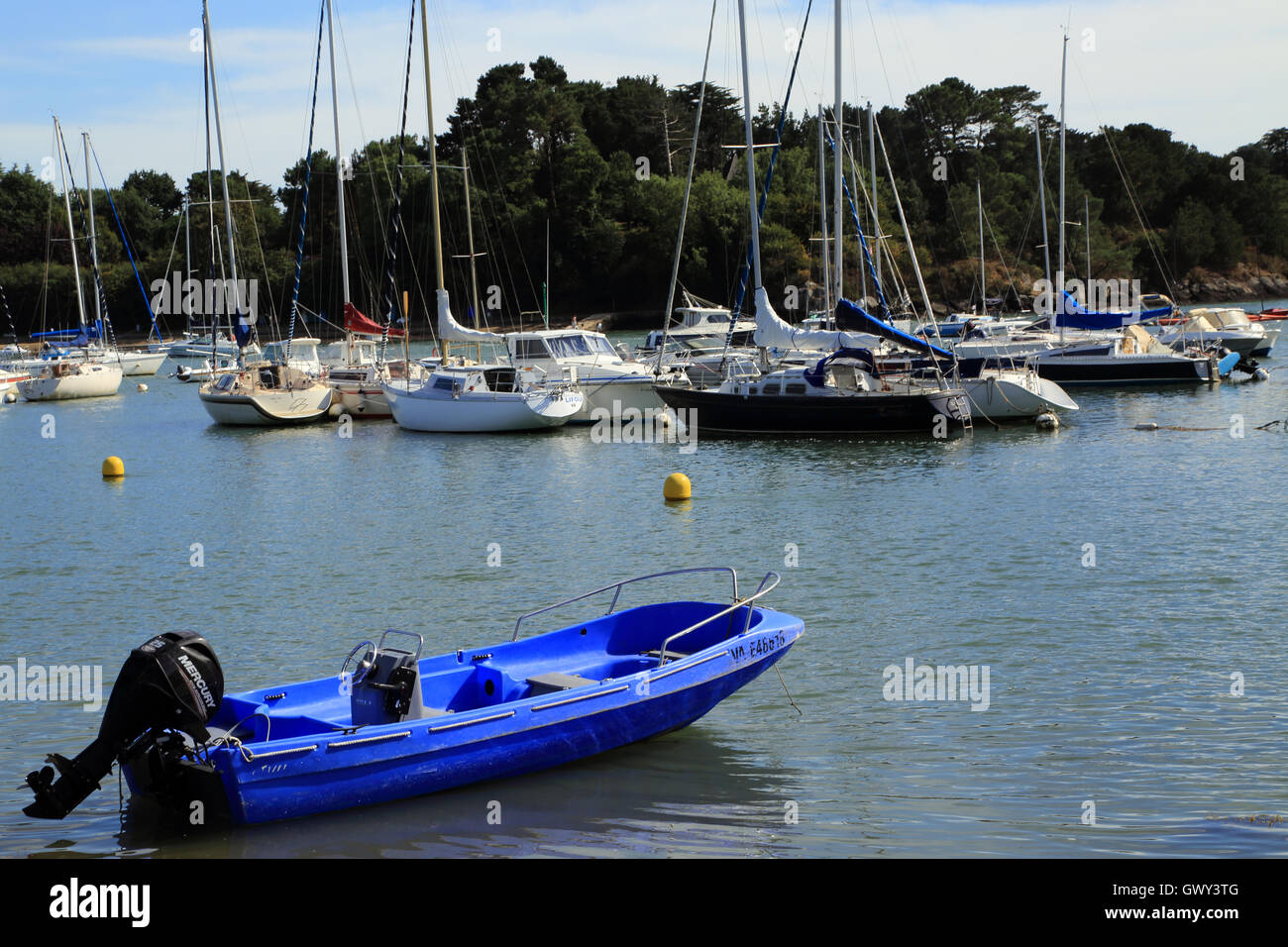 Vista su Porto Anna dalla Presqu'ile de conleau ad alta marea con barche ormeggiate, Vannes, Morbihan, in Bretagna, in Francia, in Europa Foto Stock