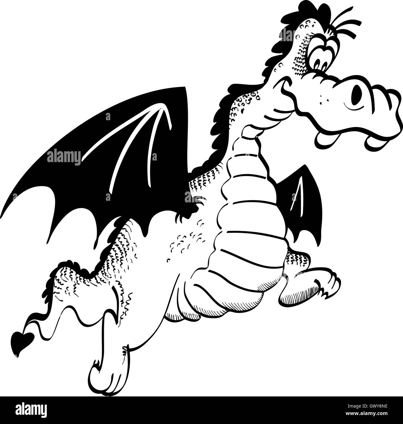 Bianco e nero illustrazione di un felice cartoon dragon. Illustrazione Vettoriale