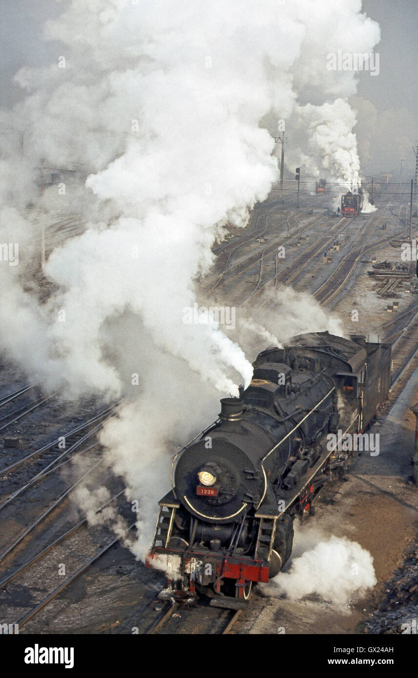 Una Cina ferrovie JF classe 2-8-2 n. 1238 generali sull'uomo oeuvres e dosso-smistamento a dovere a Sankong, Gennaio 1987. Foto Stock