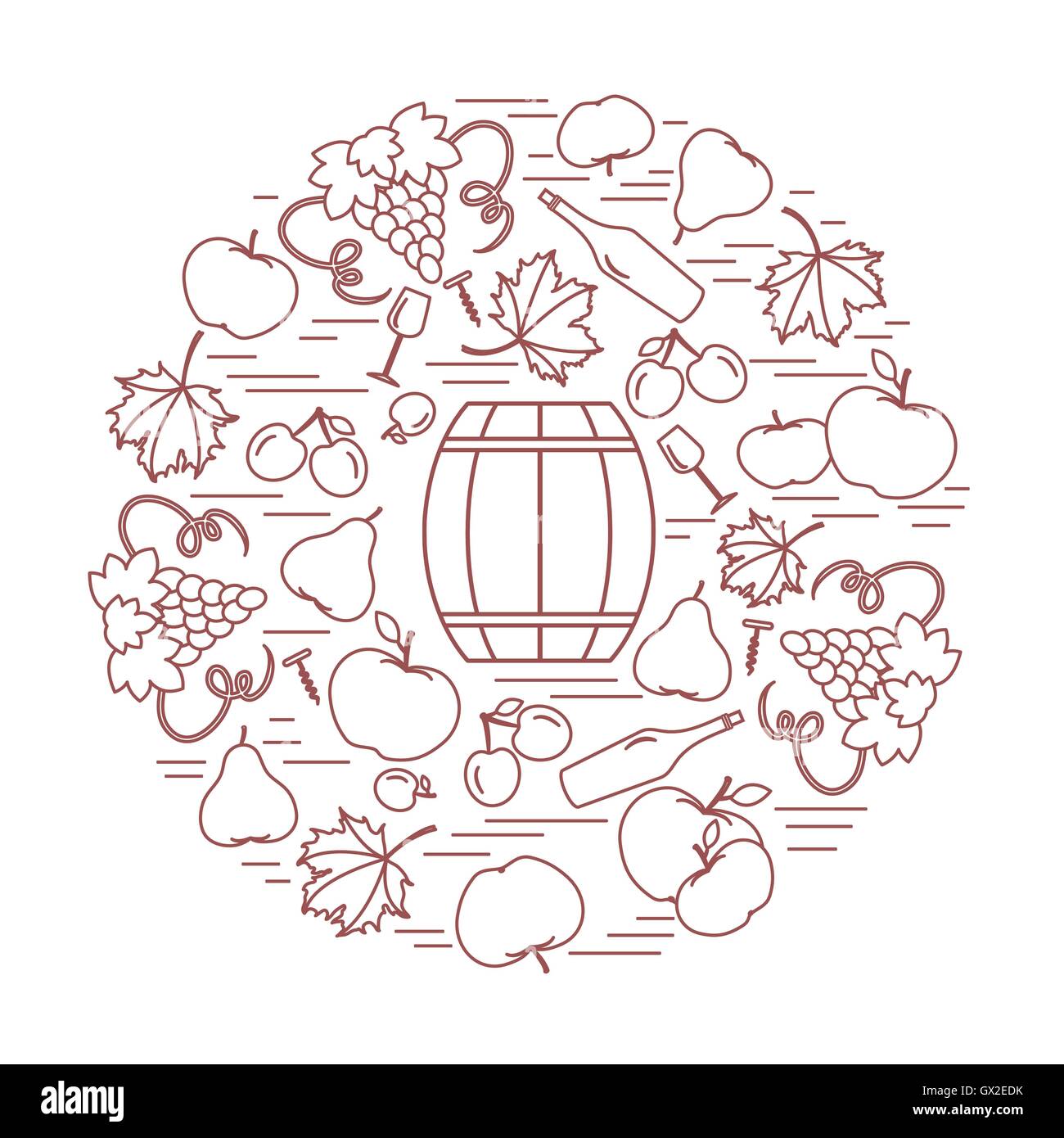 Autunno simboli in cerchio. Barile, cavatappi, bicchiere di vino, pera,  susina, uva e altro simbolo di caduta per l'annuncio, advertiseme Immagine  e Vettoriale - Alamy