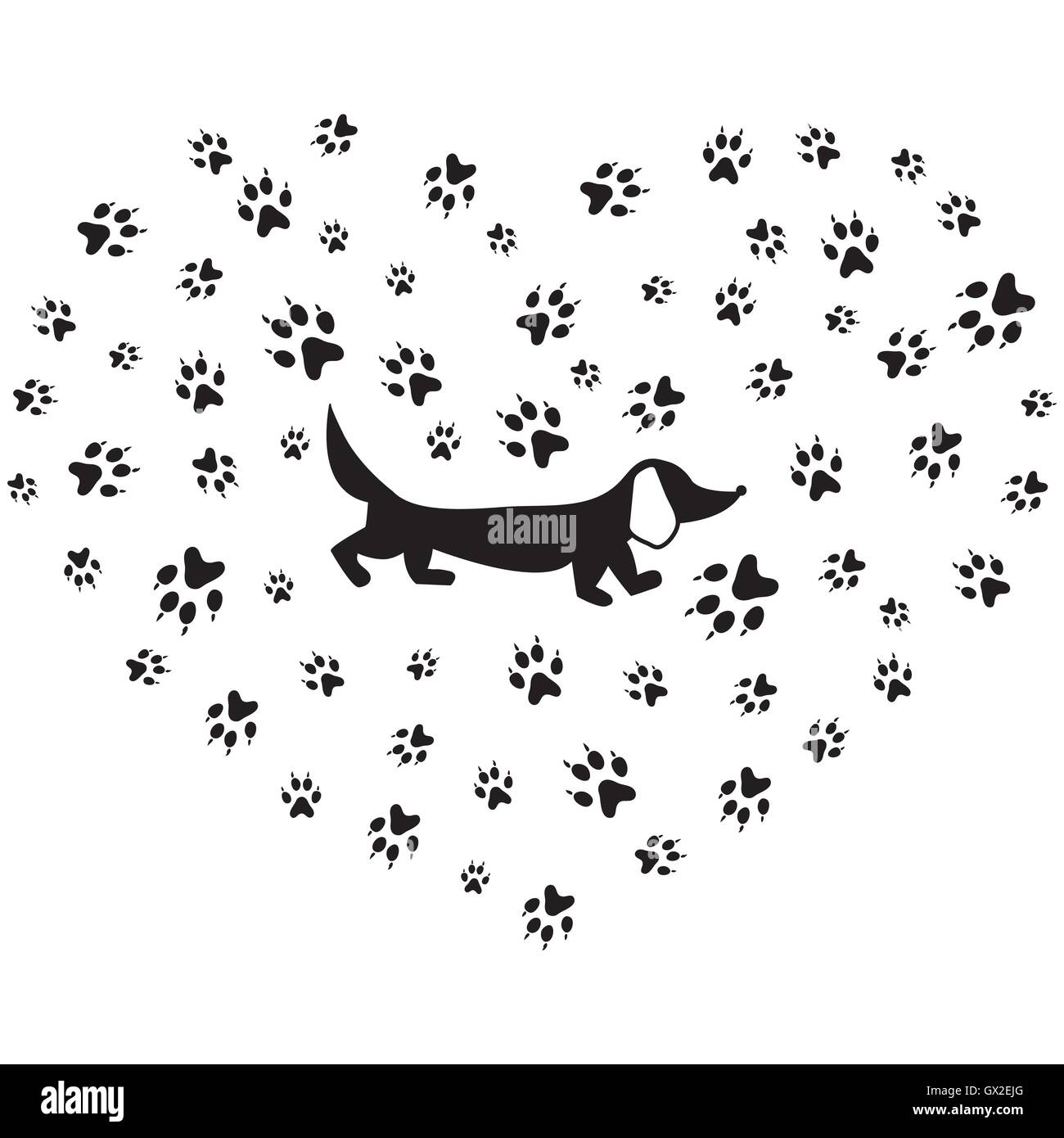 Bella foto di bassotto silhouette su uno sfondo di cane le vie a forma di cuore su uno sfondo bianco. Illustrazione Vettoriale