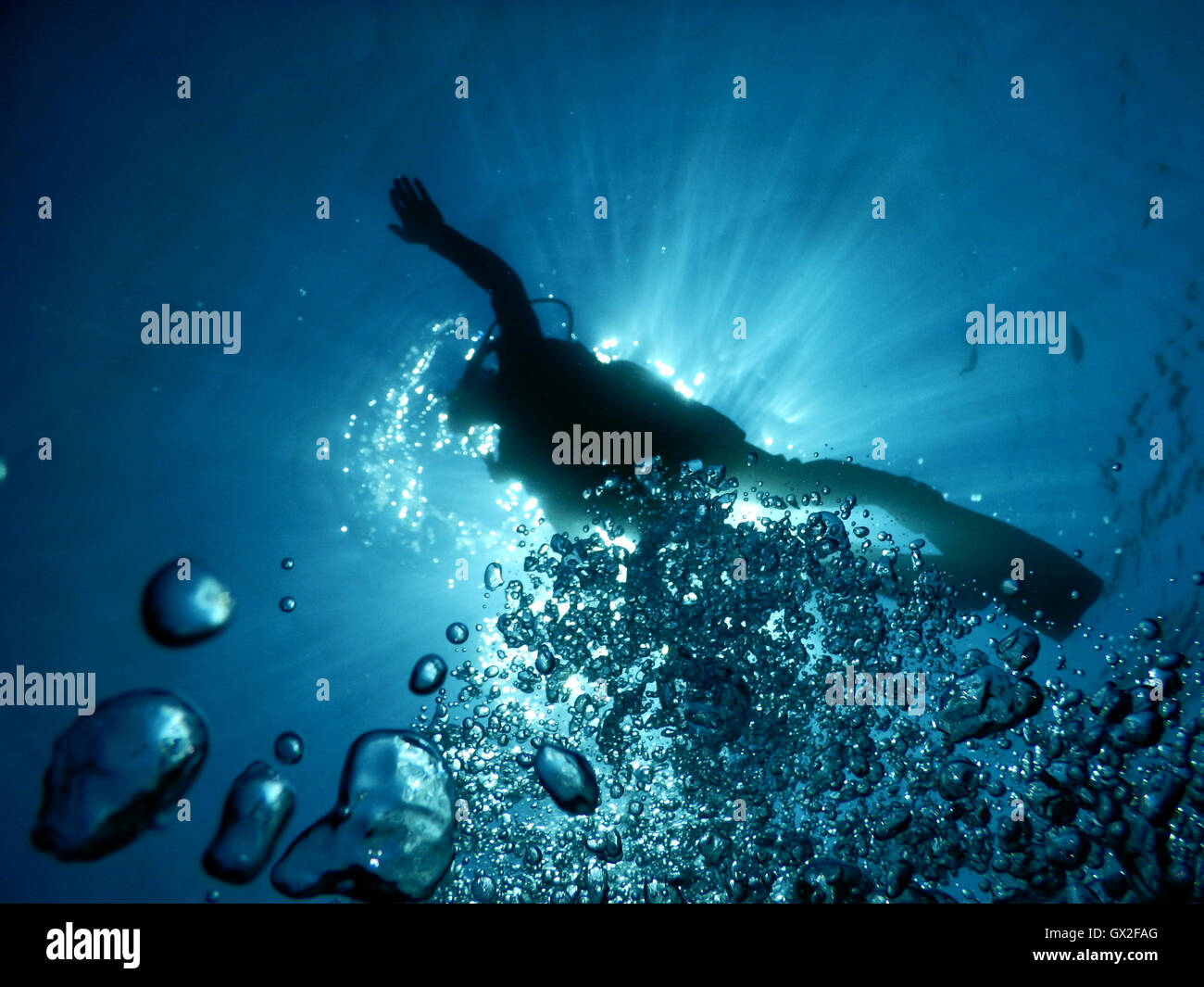 Immersioni nelle acque cristalline del Mediterraneo. Le foto subacquee di subacqueo silhouette. Subacquea condizioni di fulmini. Foto Stock