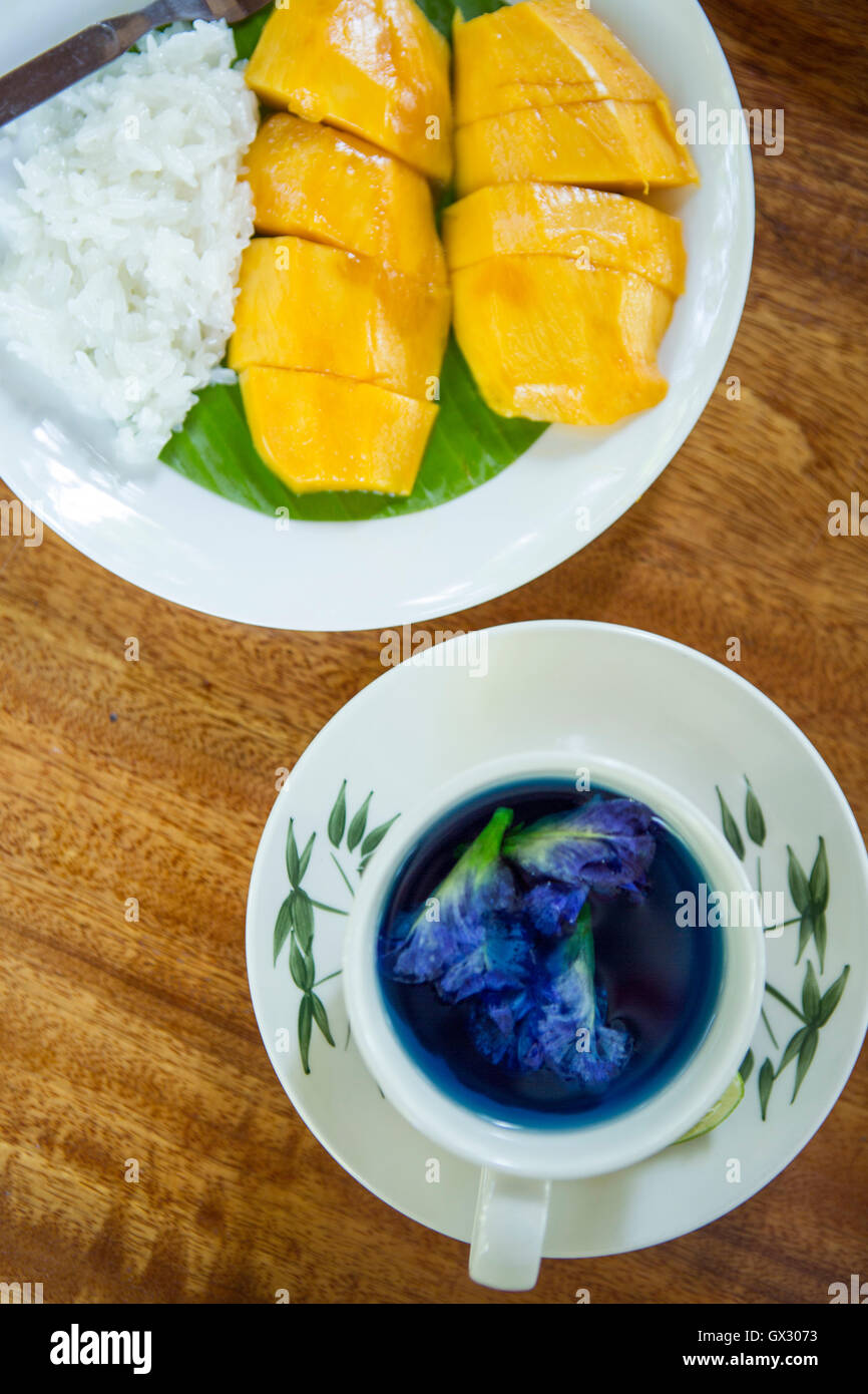 Thai blu o Butterfly pea tè realizzato dall'Clitoria tematea impianto detto di avere perdita di peso le proprietà di induzione Foto Stock