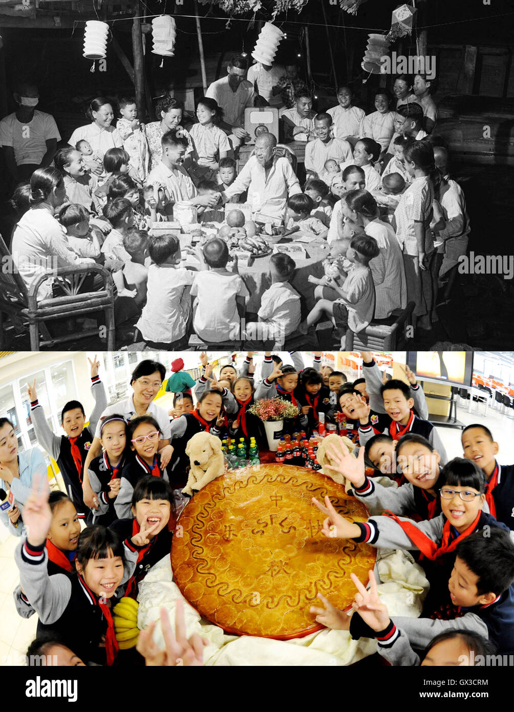 Pechino, Cina. Xv Sep, 2016. Combo mostra fotografica pescatore Guo Ru (C), 81, e la sua famiglia da quattro generazioni la raccolta per celebrare il Mid-Autumn Festival negli anni cinquanta (up) e di insegnanti e studenti in posa con un enorme torta della luna per celebrare il festival di Suzhou, est cinese della provincia di Jiangsu, Sett. 14, 2016 (fondo). Il tradizionale Mid-Autumn Festival, che è caduto il giovedì di quest'anno, è stata celebrata da famiglie riunificazione sotto la luna piena e mangiare la torta della luna, il pezzo centrale di festosa piatti. © Xinhua/Alamy Live News Foto Stock