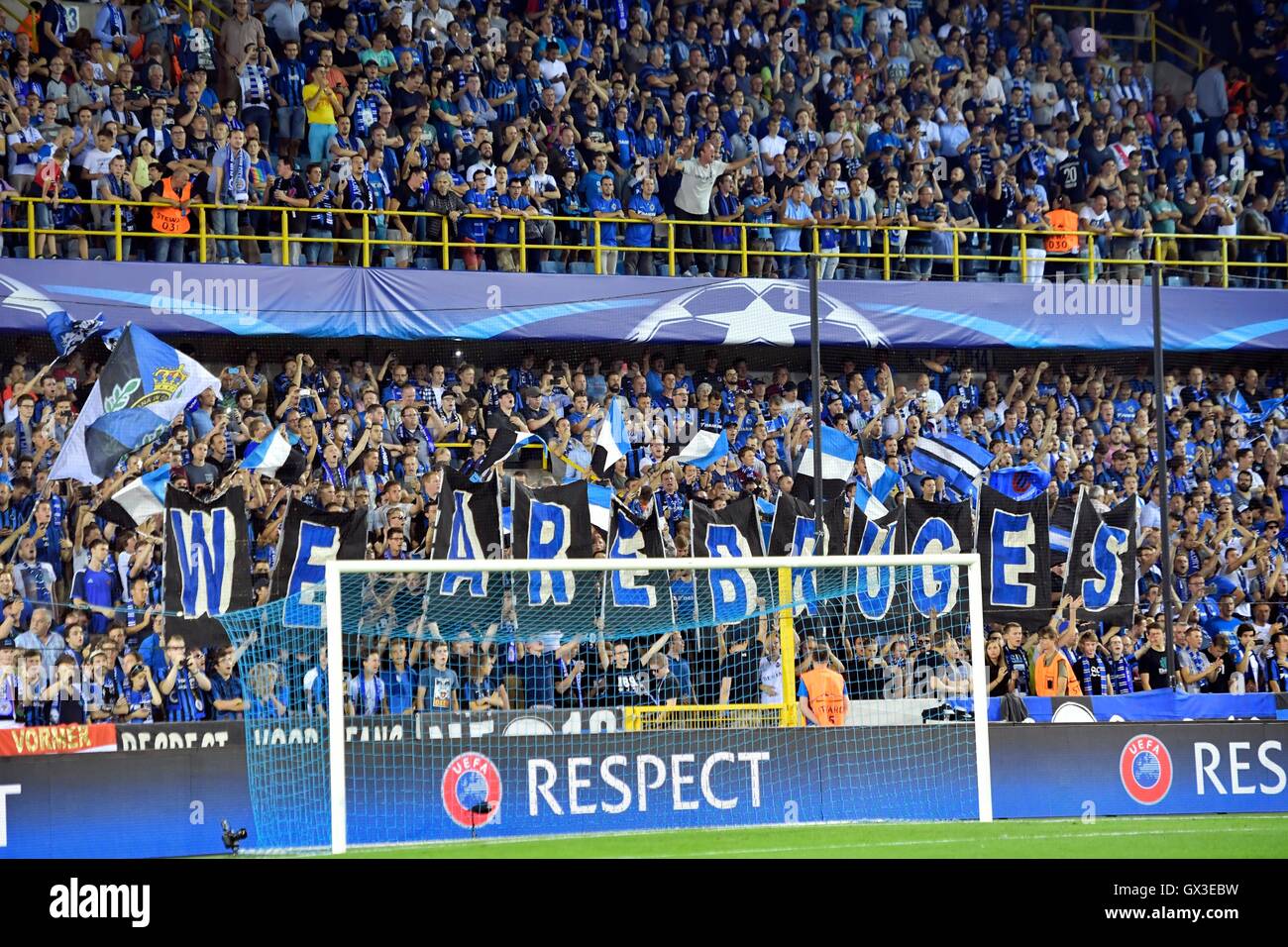 14.09.2016. Stadium Jan Breydel, Bruge, Belgio. La UEFA Cahmpions league football. FC Bruges contro Il Leicester City. Brugges ventole Foto Stock